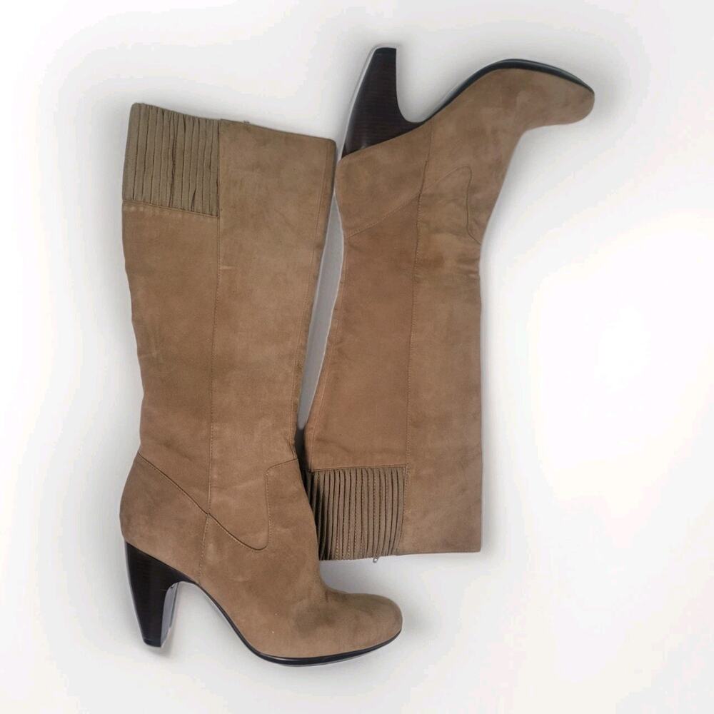 Sofft Womens 8.5 M Knee High Boots Suede Brown Zip Block Heel Elastic Panel